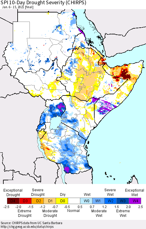 Eastern Africa SPI 10-Day Drought Severity (CHIRPS) Thematic Map For 1/6/2021 - 1/15/2021