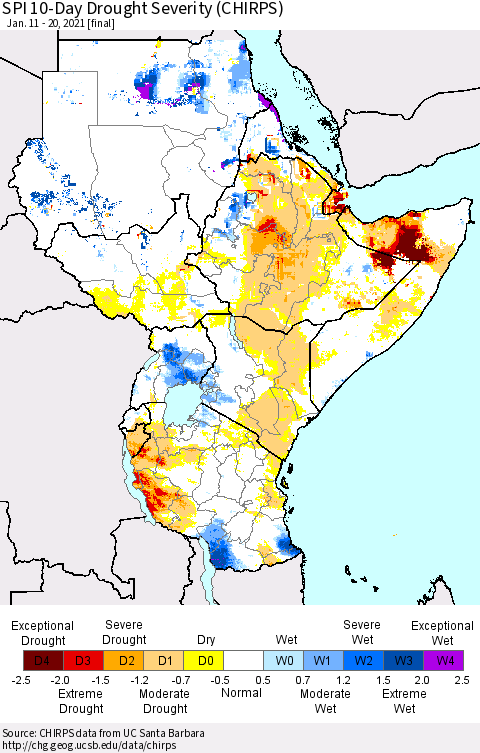 Eastern Africa SPI 10-Day Drought Severity (CHIRPS) Thematic Map For 1/11/2021 - 1/20/2021