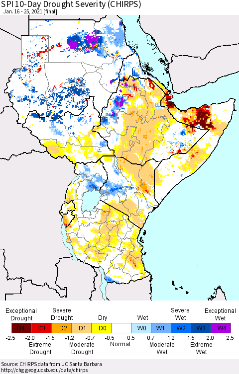 Eastern Africa SPI 10-Day Drought Severity (CHIRPS) Thematic Map For 1/16/2021 - 1/25/2021