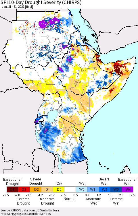 Eastern Africa SPI 10-Day Drought Severity (CHIRPS) Thematic Map For 1/21/2021 - 1/31/2021