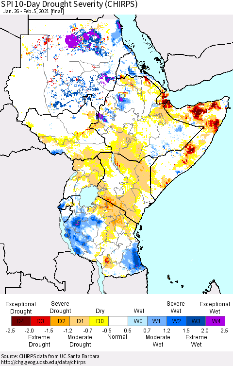 Eastern Africa SPI 10-Day Drought Severity (CHIRPS) Thematic Map For 1/26/2021 - 2/5/2021