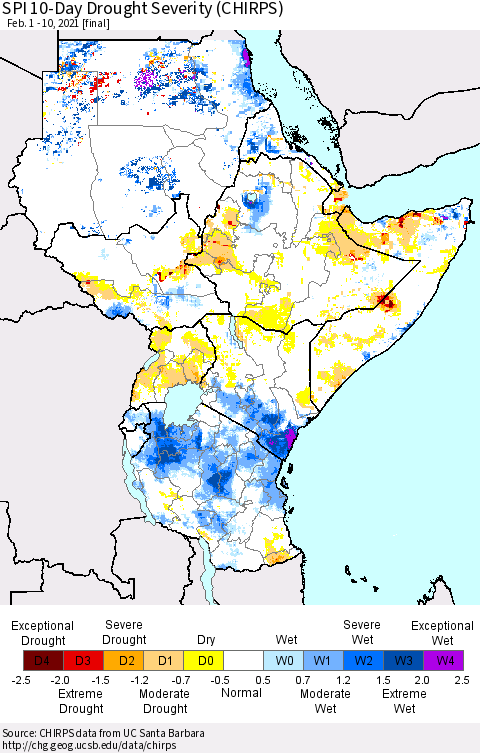 Eastern Africa SPI 10-Day Drought Severity (CHIRPS) Thematic Map For 2/1/2021 - 2/10/2021