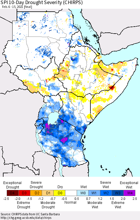 Eastern Africa SPI 10-Day Drought Severity (CHIRPS) Thematic Map For 2/6/2021 - 2/15/2021