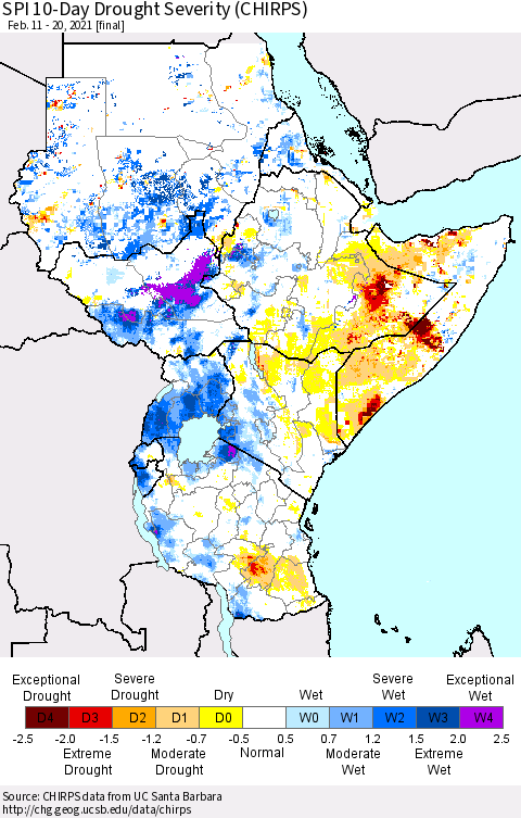 Eastern Africa SPI 10-Day Drought Severity (CHIRPS) Thematic Map For 2/11/2021 - 2/20/2021