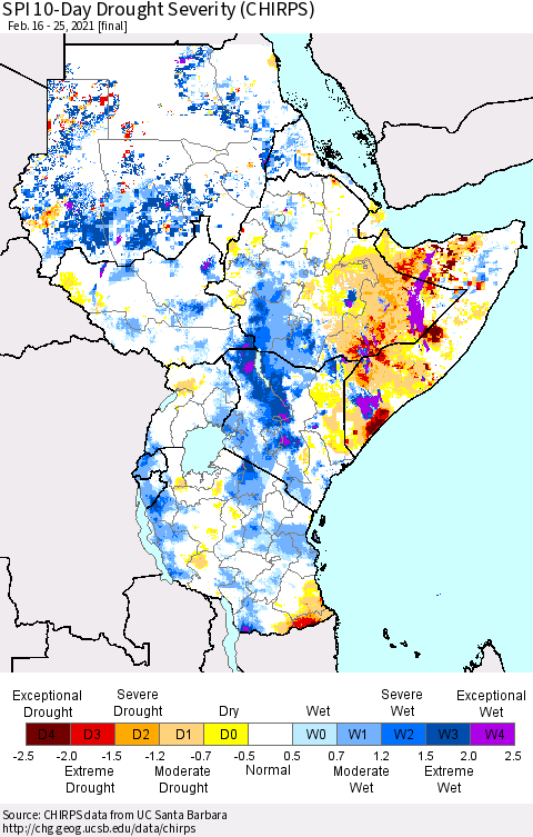 Eastern Africa SPI 10-Day Drought Severity (CHIRPS) Thematic Map For 2/16/2021 - 2/25/2021