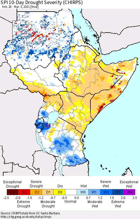 Eastern Africa SPI 10-Day Drought Severity (CHIRPS) Thematic Map For 2/26/2021 - 3/5/2021