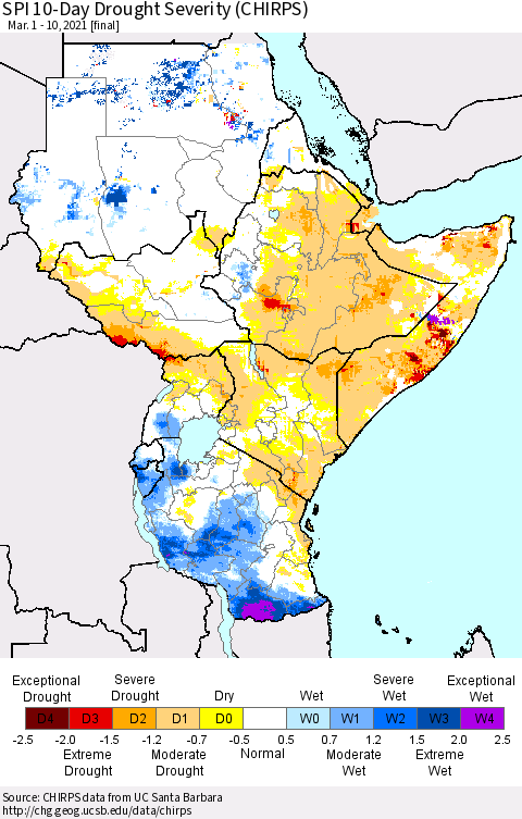 Eastern Africa SPI 10-Day Drought Severity (CHIRPS) Thematic Map For 3/1/2021 - 3/10/2021