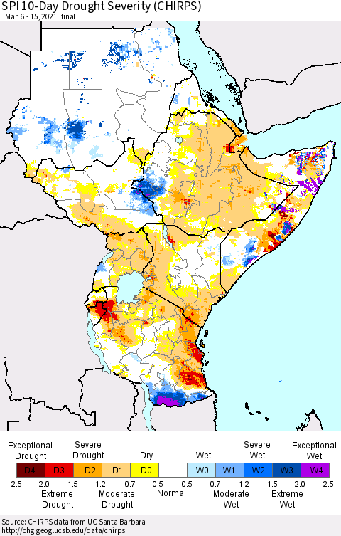 Eastern Africa SPI 10-Day Drought Severity (CHIRPS) Thematic Map For 3/6/2021 - 3/15/2021