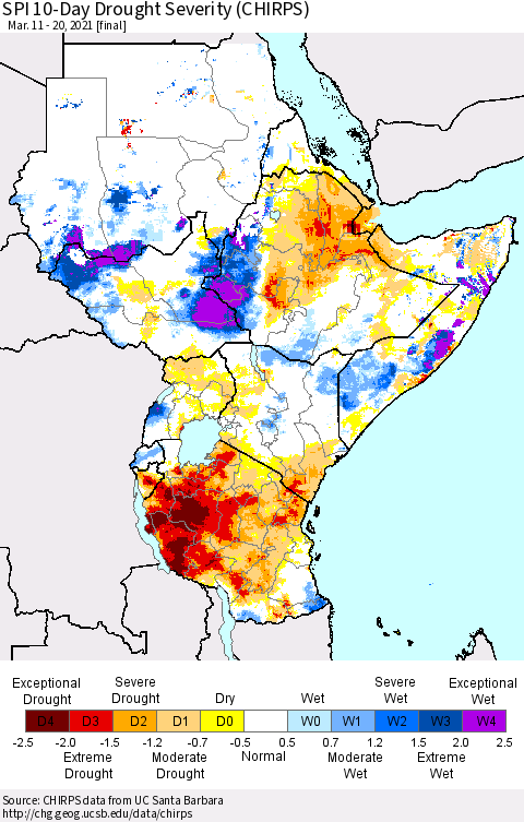 Eastern Africa SPI 10-Day Drought Severity (CHIRPS) Thematic Map For 3/11/2021 - 3/20/2021