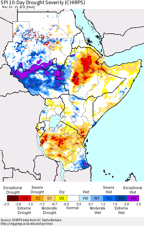 Eastern Africa SPI 10-Day Drought Severity (CHIRPS) Thematic Map For 3/16/2021 - 3/25/2021