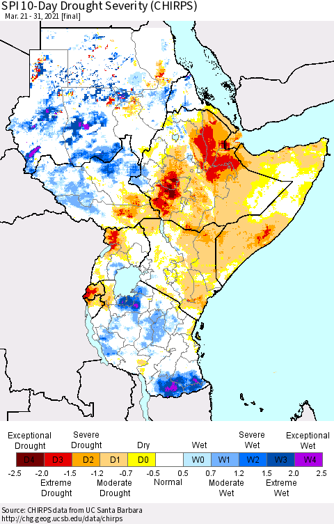 Eastern Africa SPI 10-Day Drought Severity (CHIRPS) Thematic Map For 3/21/2021 - 3/31/2021