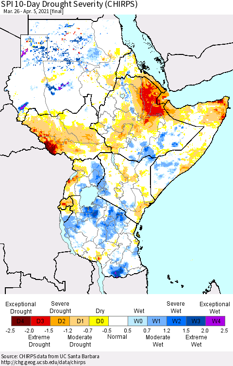 Eastern Africa SPI 10-Day Drought Severity (CHIRPS) Thematic Map For 3/26/2021 - 4/5/2021