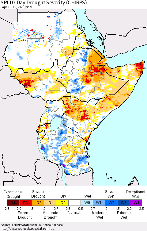 Eastern Africa SPI 10-Day Drought Severity (CHIRPS) Thematic Map For 4/6/2021 - 4/15/2021