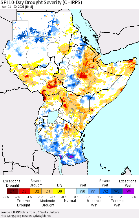 Eastern Africa SPI 10-Day Drought Severity (CHIRPS) Thematic Map For 4/11/2021 - 4/20/2021