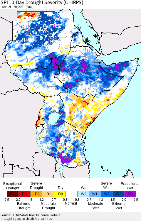 Eastern Africa SPI 10-Day Drought Severity (CHIRPS) Thematic Map For 4/21/2021 - 4/30/2021