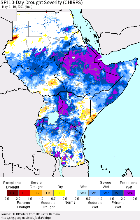 Eastern Africa SPI 10-Day Drought Severity (CHIRPS) Thematic Map For 5/1/2021 - 5/10/2021