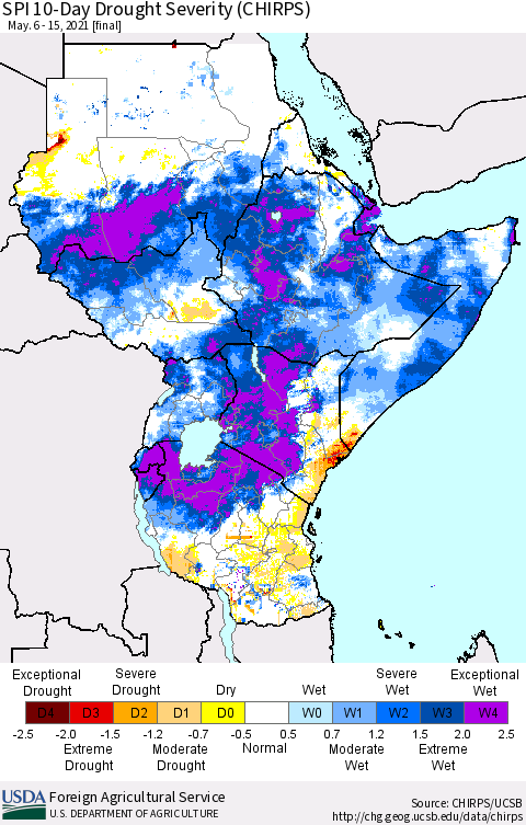 Eastern Africa SPI 10-Day Drought Severity (CHIRPS) Thematic Map For 5/6/2021 - 5/15/2021