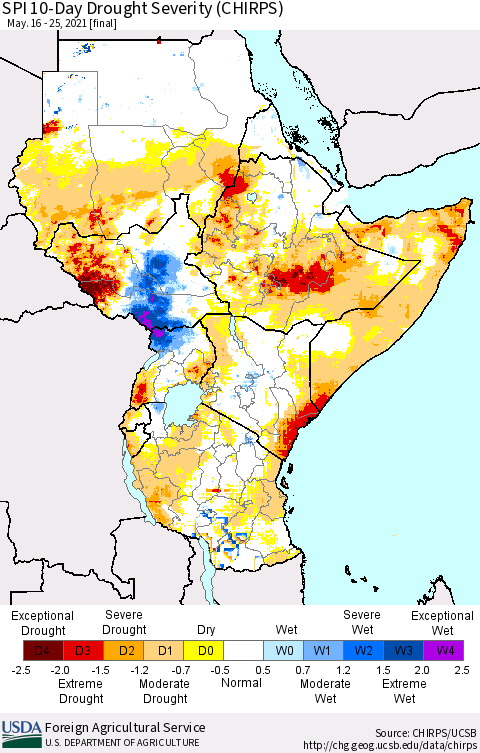 Eastern Africa SPI 10-Day Drought Severity (CHIRPS) Thematic Map For 5/16/2021 - 5/25/2021