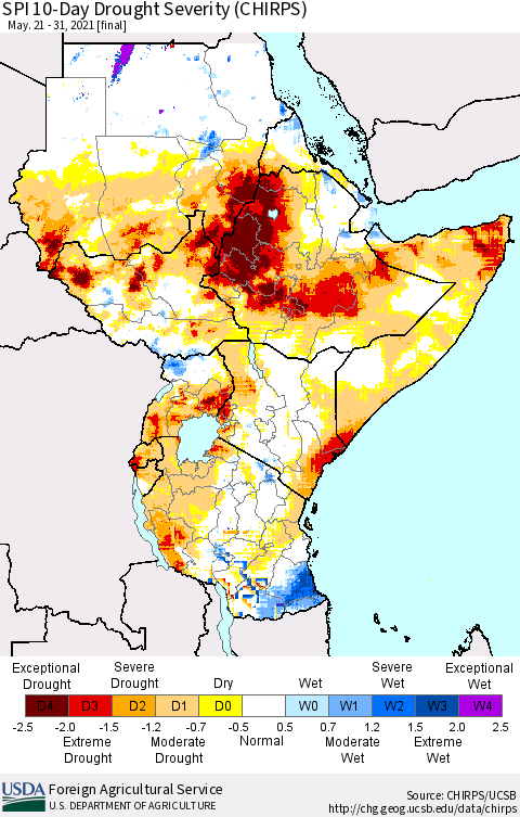 Eastern Africa SPI 10-Day Drought Severity (CHIRPS) Thematic Map For 5/21/2021 - 5/31/2021
