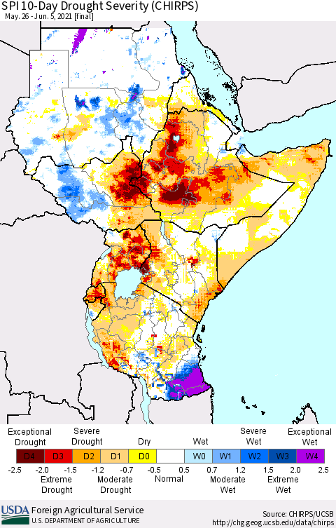 Eastern Africa SPI 10-Day Drought Severity (CHIRPS) Thematic Map For 5/26/2021 - 6/5/2021