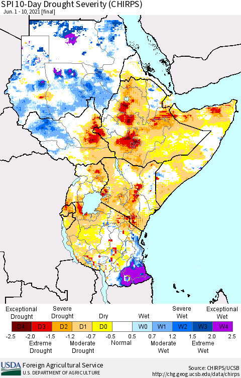 Eastern Africa SPI 10-Day Drought Severity (CHIRPS) Thematic Map For 6/1/2021 - 6/10/2021