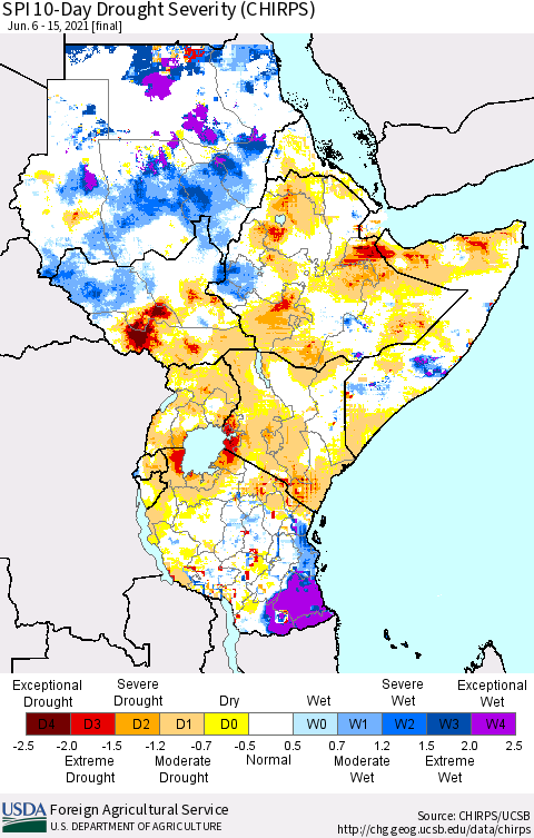 Eastern Africa SPI 10-Day Drought Severity (CHIRPS) Thematic Map For 6/6/2021 - 6/15/2021