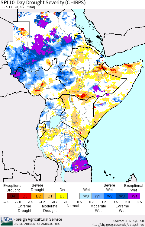 Eastern Africa SPI 10-Day Drought Severity (CHIRPS) Thematic Map For 6/11/2021 - 6/20/2021