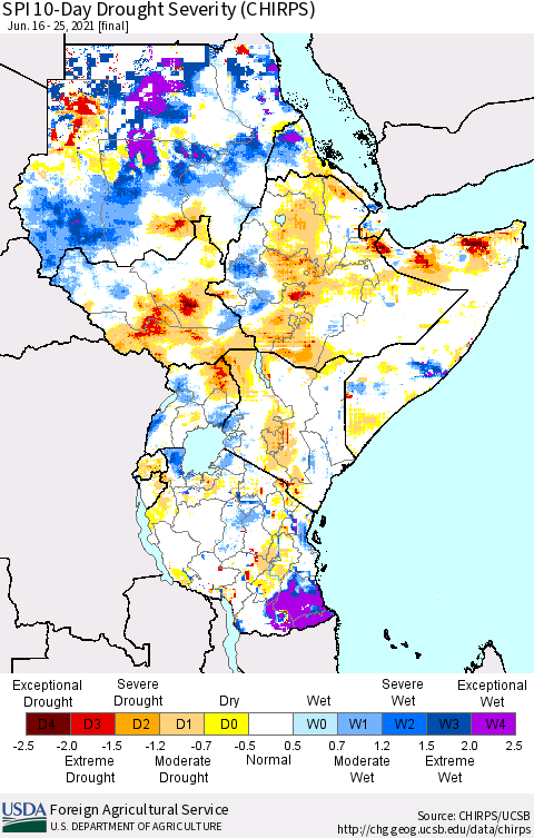 Eastern Africa SPI 10-Day Drought Severity (CHIRPS) Thematic Map For 6/16/2021 - 6/25/2021