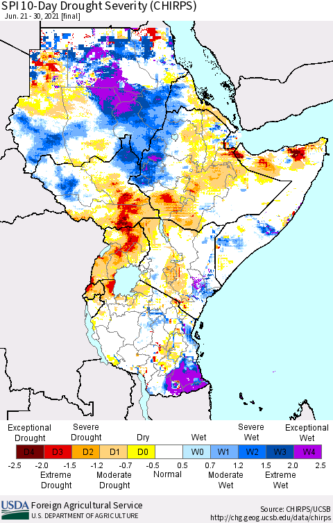 Eastern Africa SPI 10-Day Drought Severity (CHIRPS) Thematic Map For 6/21/2021 - 6/30/2021
