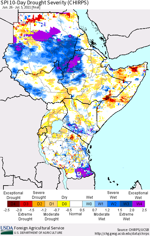 Eastern Africa SPI 10-Day Drought Severity (CHIRPS) Thematic Map For 6/26/2021 - 7/5/2021