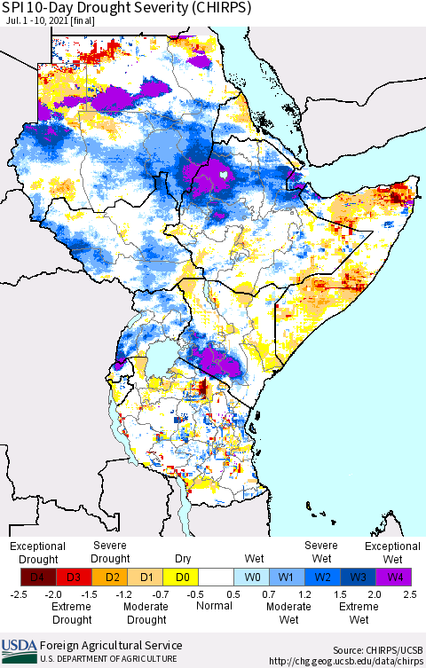 Eastern Africa SPI 10-Day Drought Severity (CHIRPS) Thematic Map For 7/1/2021 - 7/10/2021
