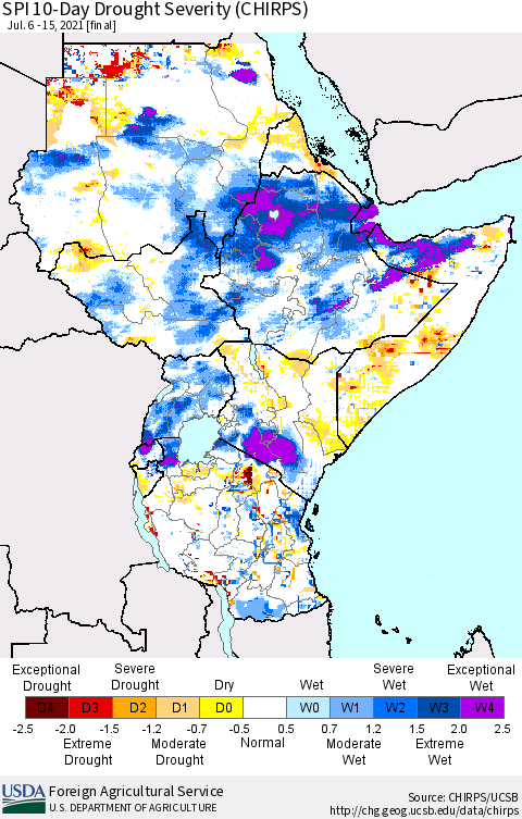 Eastern Africa SPI 10-Day Drought Severity (CHIRPS) Thematic Map For 7/6/2021 - 7/15/2021