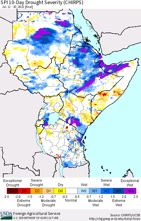 Eastern Africa SPI 10-Day Drought Severity (CHIRPS) Thematic Map For 7/11/2021 - 7/20/2021