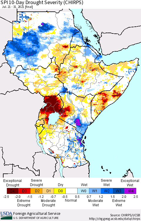 Eastern Africa SPI 10-Day Drought Severity (CHIRPS) Thematic Map For 7/21/2021 - 7/31/2021