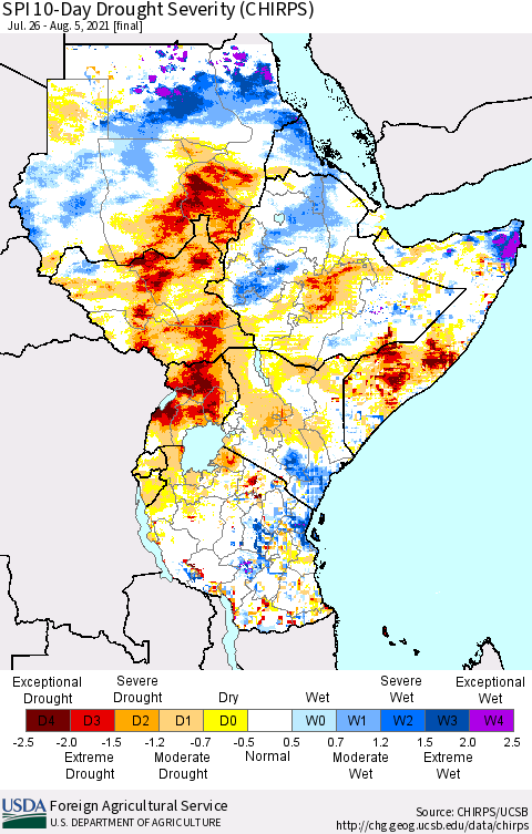 Eastern Africa SPI 10-Day Drought Severity (CHIRPS) Thematic Map For 7/26/2021 - 8/5/2021