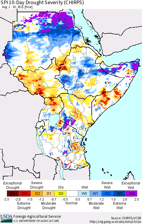 Eastern Africa SPI 10-Day Drought Severity (CHIRPS) Thematic Map For 8/1/2021 - 8/10/2021
