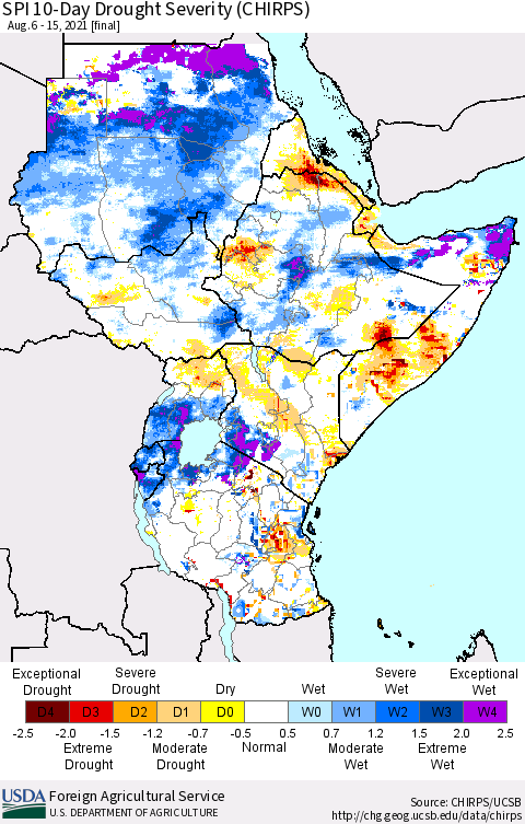 Eastern Africa SPI 10-Day Drought Severity (CHIRPS) Thematic Map For 8/6/2021 - 8/15/2021