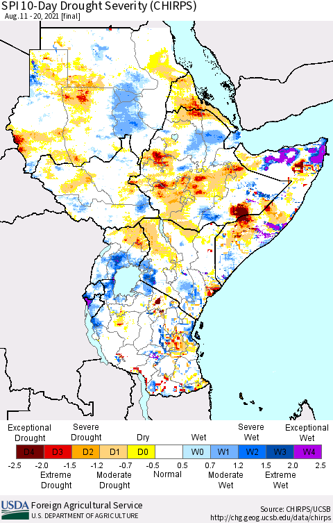 Eastern Africa SPI 10-Day Drought Severity (CHIRPS) Thematic Map For 8/11/2021 - 8/20/2021
