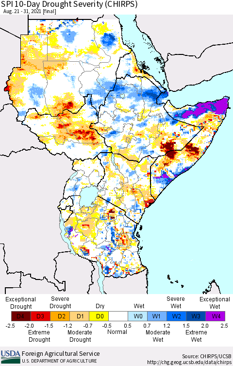 Eastern Africa SPI 10-Day Drought Severity (CHIRPS) Thematic Map For 8/21/2021 - 8/31/2021