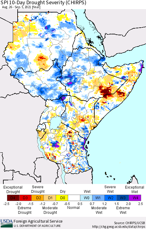 Eastern Africa SPI 10-Day Drought Severity (CHIRPS) Thematic Map For 8/26/2021 - 9/5/2021