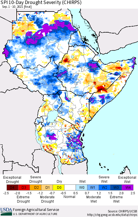 Eastern Africa SPI 10-Day Drought Severity (CHIRPS) Thematic Map For 9/1/2021 - 9/10/2021