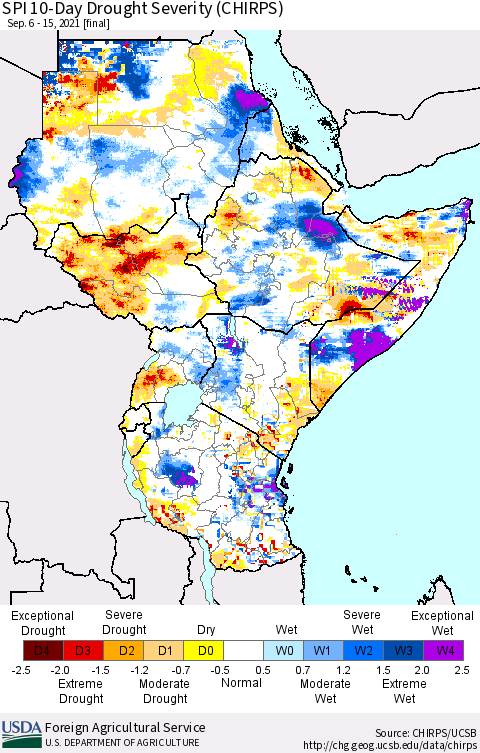 Eastern Africa SPI 10-Day Drought Severity (CHIRPS) Thematic Map For 9/6/2021 - 9/15/2021