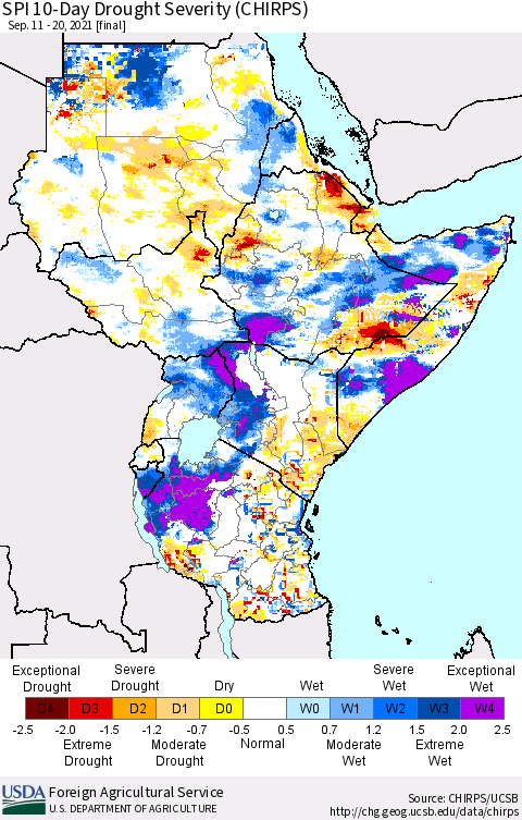 Eastern Africa SPI 10-Day Drought Severity (CHIRPS) Thematic Map For 9/11/2021 - 9/20/2021