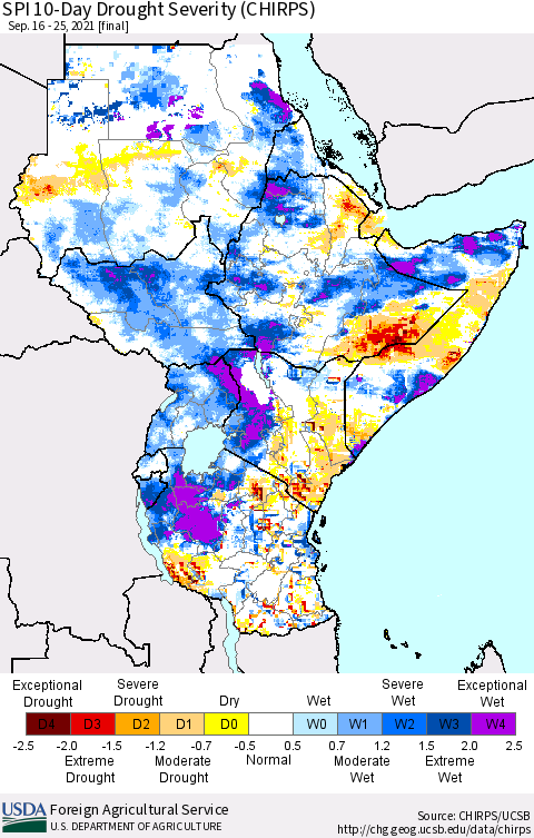 Eastern Africa SPI 10-Day Drought Severity (CHIRPS) Thematic Map For 9/16/2021 - 9/25/2021