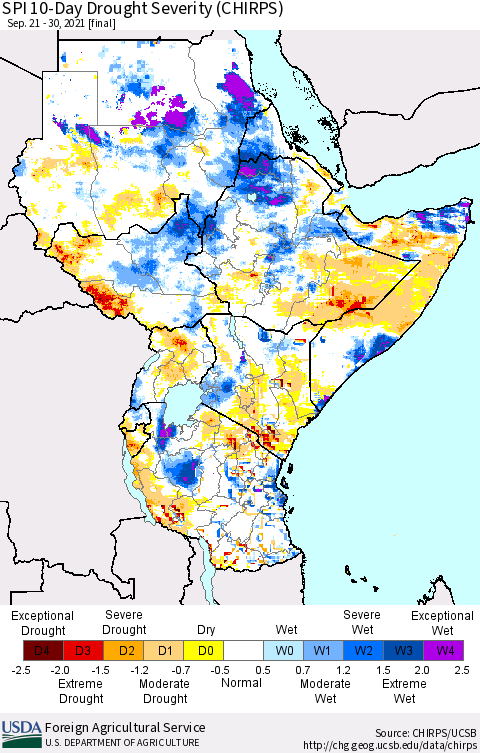 Eastern Africa SPI 10-Day Drought Severity (CHIRPS) Thematic Map For 9/21/2021 - 9/30/2021