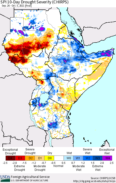 Eastern Africa SPI 10-Day Drought Severity (CHIRPS) Thematic Map For 9/26/2021 - 10/5/2021