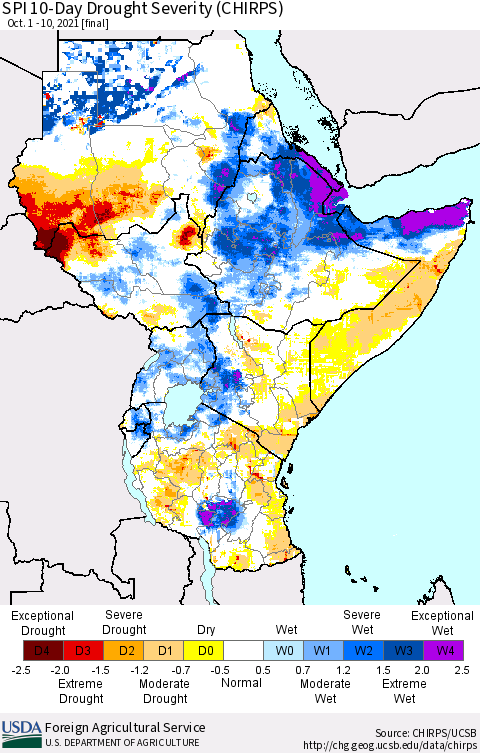 Eastern Africa SPI 10-Day Drought Severity (CHIRPS) Thematic Map For 10/1/2021 - 10/10/2021