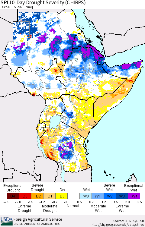 Eastern Africa SPI 10-Day Drought Severity (CHIRPS) Thematic Map For 10/6/2021 - 10/15/2021