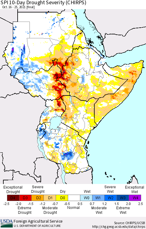 Eastern Africa SPI 10-Day Drought Severity (CHIRPS) Thematic Map For 10/16/2021 - 10/25/2021