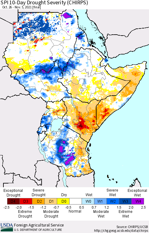 Eastern Africa SPI 10-Day Drought Severity (CHIRPS) Thematic Map For 10/26/2021 - 11/5/2021